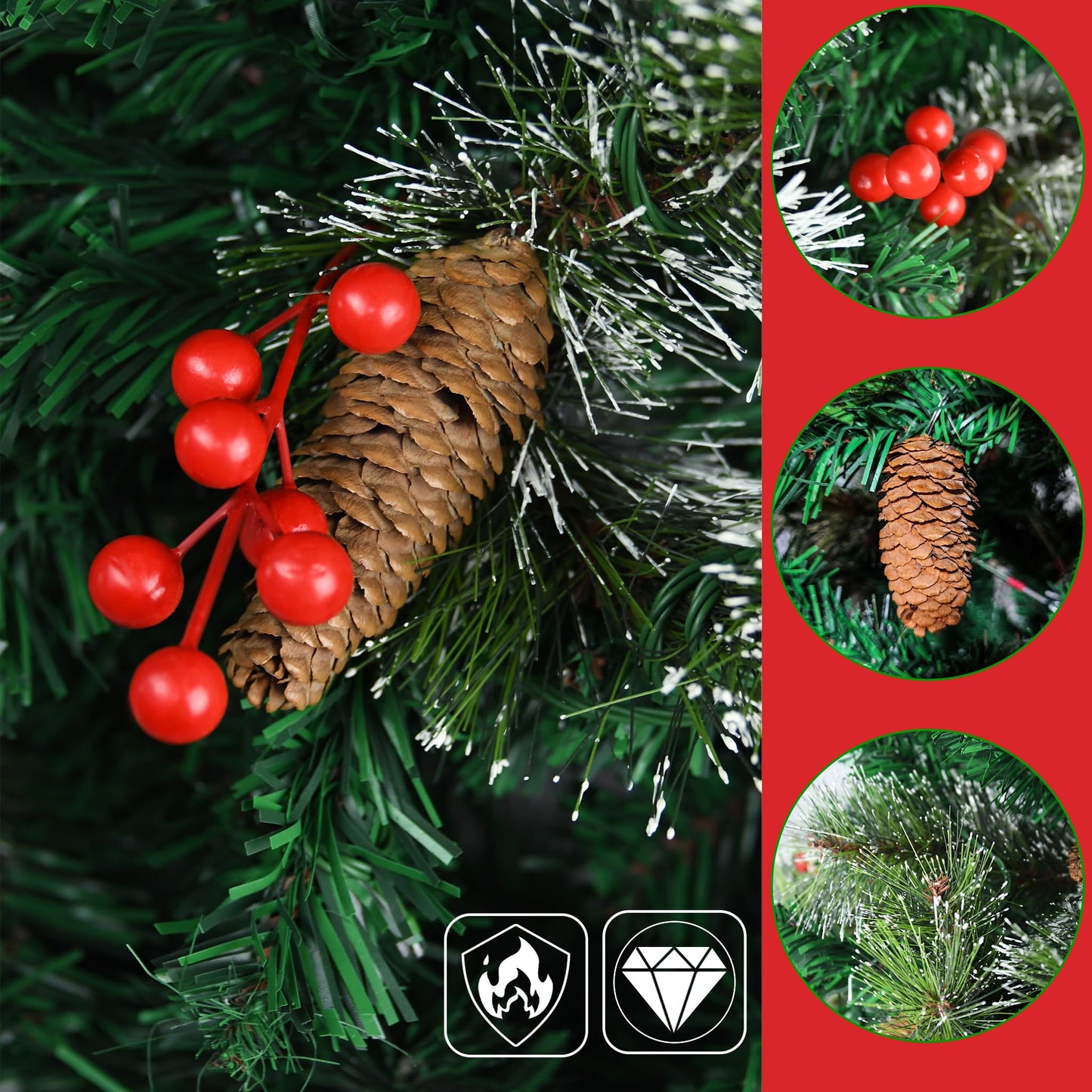 FIVMEN Artificial Christmas Tree with Lights 120 cm PVC Faux Christmas Tree with 180 LEDs and Stand Fake Christmas Trees Christmas Decorations, with Pine Cones and Berries