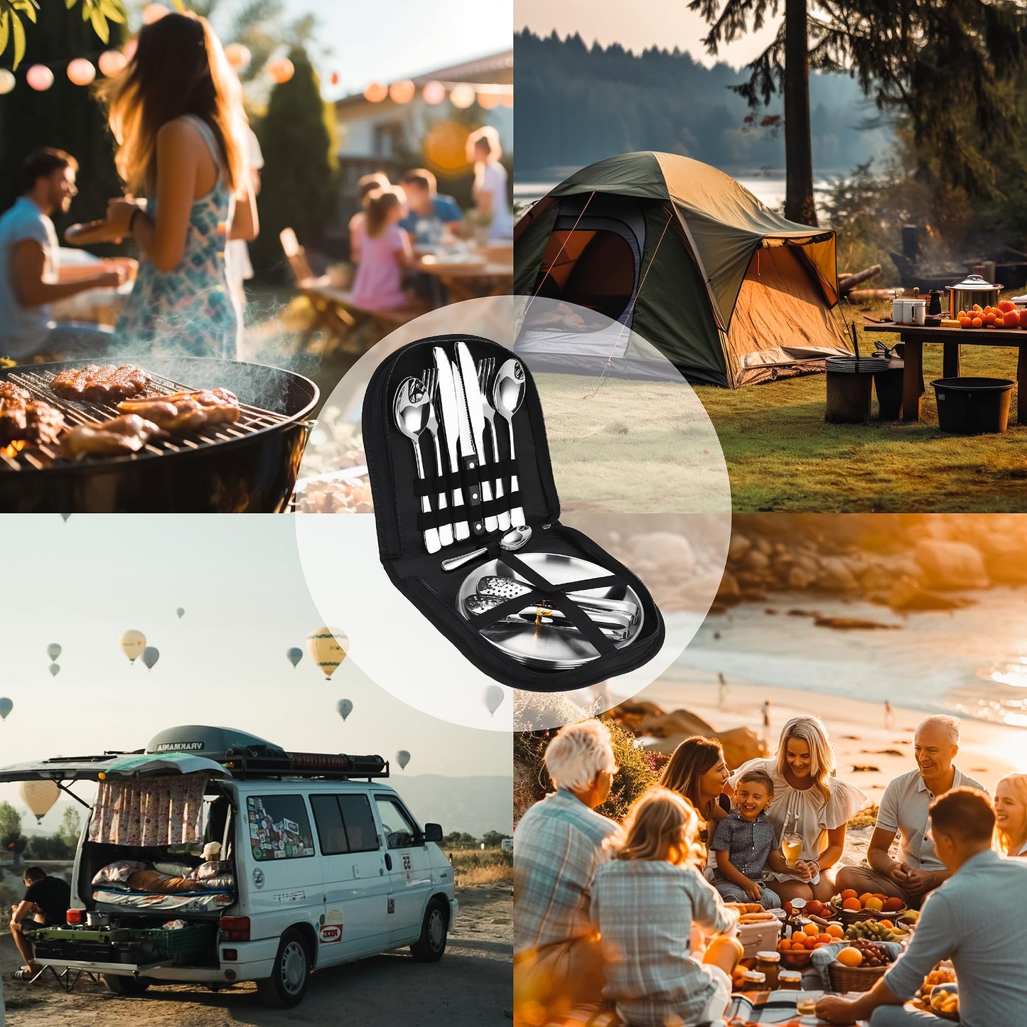 [23-piece 4 person] Camping Dinnerware Set - Cutlery set with stainless steel forks, knives, and spoons. Includes cutlery pouch - Portable utensils for outdoor, picnics, and BBQ. (Includes 4 teaspoons)