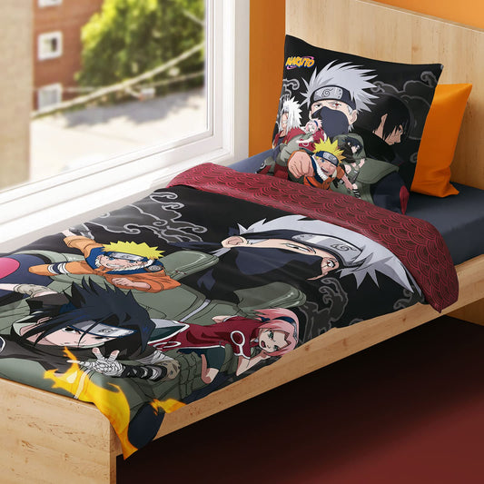 Elbenwald Naruto bedding with Konoha Group design, zipper closure, for anime fans. Unisex for men and women. 2-piece set, 80 x 80 and 135 x 200 cm, cotton material, colorful.