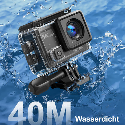 Surfola Action Cam 5K, 24MP underwater camera 40M waterproof EIS image stabilization, helmet camera WiFi action cameras with external microphone, 2*1350mAh batteries and charger, remote control and accessory kit