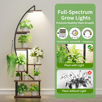BACEKOLL Plant Stand with Grow Light - 7 Tier Flower Stand 165cm Metal Wood Plant Shelf - Indoor & Outdoor Flower Ladder - Decorative Black Plant Stand for Interior Garden Balcony 2 PACK