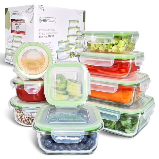 Fresh Master Glass Food Storage Container Set - Review: EXCELLENT - 100% leak-proof + airtight glass storage containers with lids I Glass meal prep boxes I Glass storage box (18 pieces)