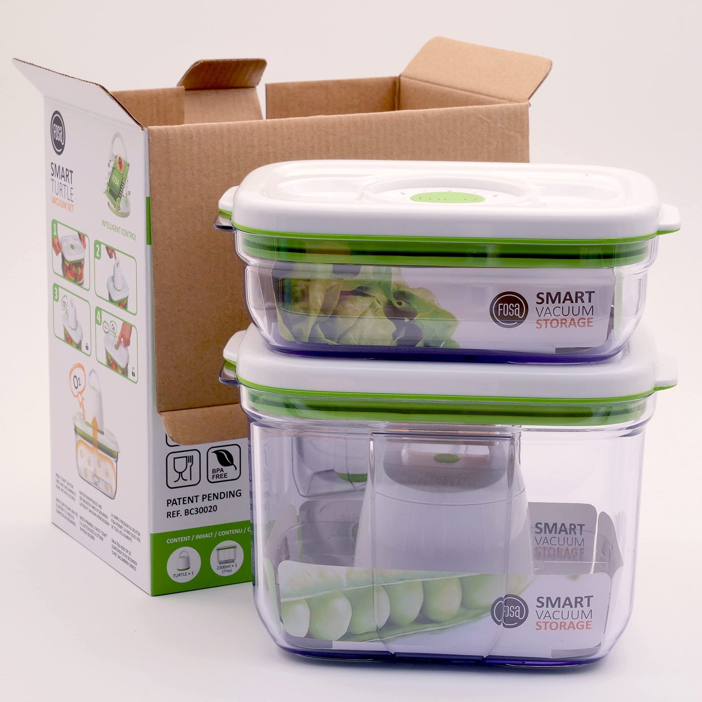 FOSA BARCELONA 3-piece Starter Kit - keeps food fresh longer in vacuum - food storage containers with vacuum pump (TURTLE) + 3 x FOSA MADRID rectangular storage containers.