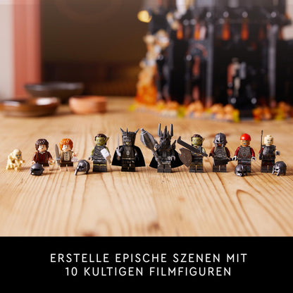 LEGO Icons The Lord of the Rings: Barad-dûr, adult building set featuring minifigures Sauron, Gothmog, Orc, Frodo, Sam, and Gollum. A film collectible and fan favorite. Item 10333.