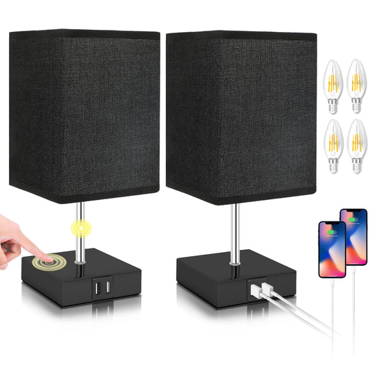 kioooki nightstand lamp Touch Dimmable with 2 USB ports, 2 pack bedside lamps with warm white 3 adjustable brightness levels, modern table lamp for living room bedroom, 4 E14 light bulbs