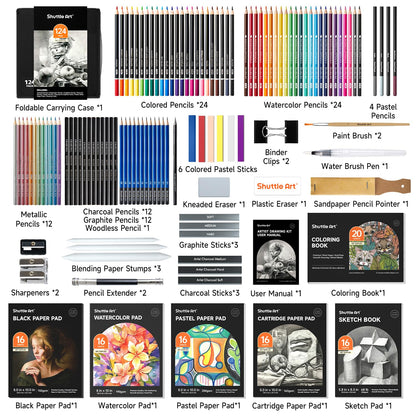 Shuttle Art 124-piece Drawing Set, Artist Kit with colored pencils, drawing pens, watercolor pencils, and graphite pencils in a pencil case, suitable for children and adults for drawing.