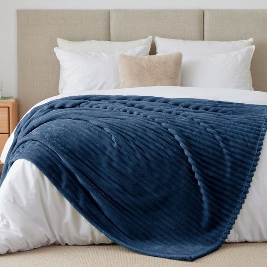 BEDELITE Cozy Blanket Plush Large - Soft Flannel Blankets Blue 220x240 for Bed, Decor Striped Cord Fleece Blanket Navy as Bedspread for Bedroom, XXL Blanket Wide Use