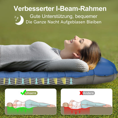 NIKYPJ Self-Inflating Sleeping Pad, 12cm Air Mattress for Camping, Inflatable Ultralight Waterproof Mat with Pillow for Hiking, Outdoors, Camping, Travel (Foot inflation required)