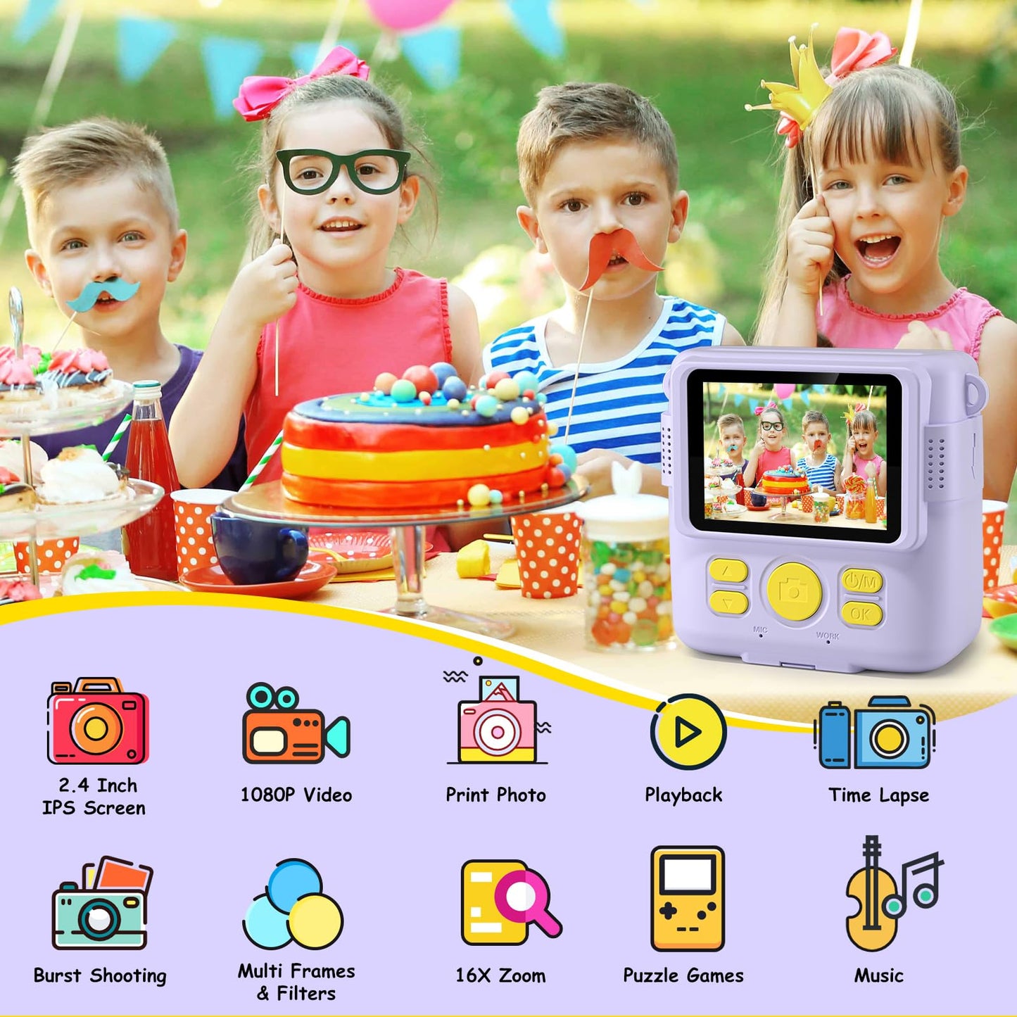 GREENKINDER Kids Camera Instant Camera, 1080P 2.4 Inch Instant Camera for Kids with Printing Paper & 32G Card, Kids Digital Camera with Colored Pens, Gift for Boys and Girls 3-12 Years