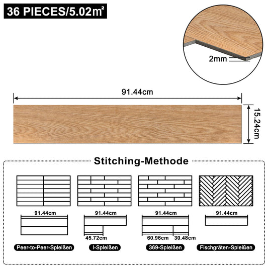 On PVC flooring Vinyl self-adhesive 36 pieces 5.02m², wood grain floor tiles with wood look, vinyl adhesive tiles waterproof non-slip for kitchen, living room, balcony (Brown oak)