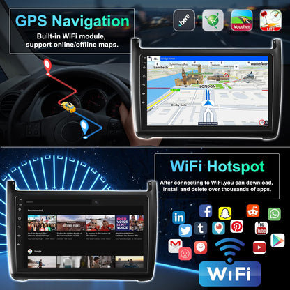 CAMECHO Android 13 car radio for VW Polo 6R 6C 9N 2008-2016, HiFi Carplay Android Auto RDS, 9" screen Double Din car radio with navigation FM WiFi Bluetooth and USB+backup camera.