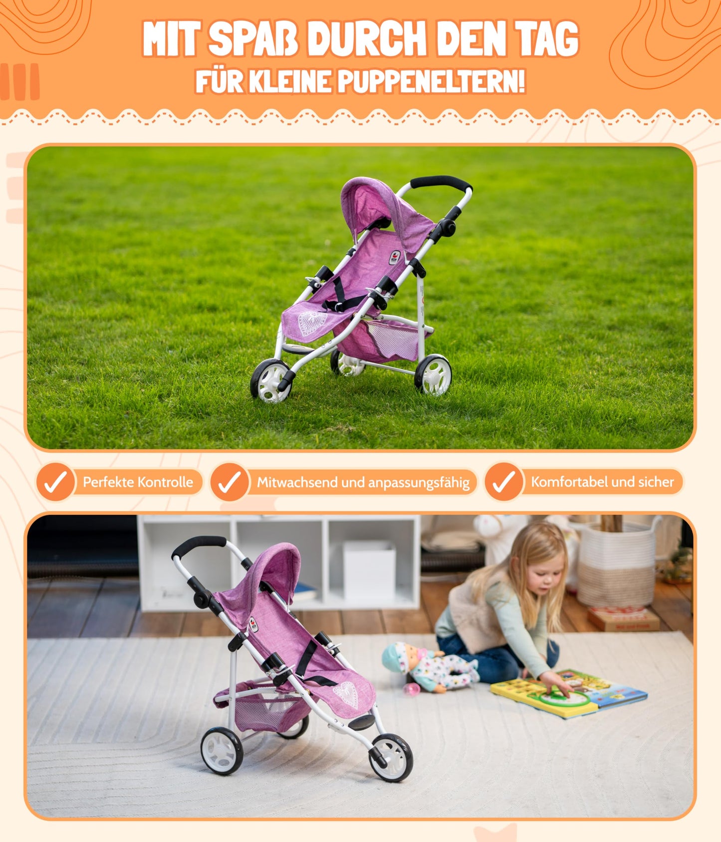 Bayer Chic 2000 - Doll Buggy Lola, Jogging Buggy, Doll Jogger, Doll Carriage, Grey Jeans, 70 x 33 x 62 cm
