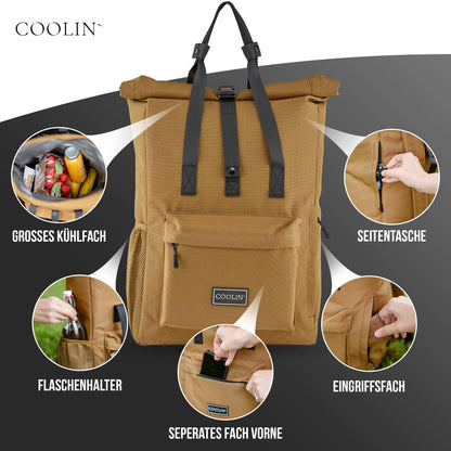 Coolin' Cooler Backpack 30L | Backpack with insulated compartment for beer, picnic, drinks & more | Cooler bag as a backpack - practical & easy | Thermo backpack for beach or hikes (Brown)