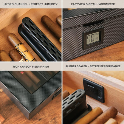 CASE ELEGANCE MAG Desktop-Humidor, simple humidification system, precise digital hygrometer, carbon fiber, magnetic seal, for 20-30 cigars