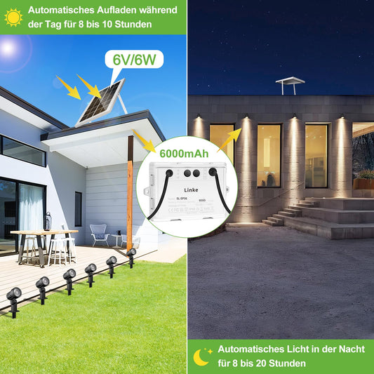 Left outdoor solar spotlights 6 pack with remote control, IP66 waterproof, dimmable with timing function and memory storage. Comes with ground spike for garden bushes and trees.