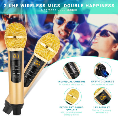 Karaoke Machine, Bluetooth karaoke system for adults and children, portable PA system with 2 microphones, speaker with phone holder/USB/TF-card/AUX-In, for home parties, picnics, outdoor/indoor (Gold)