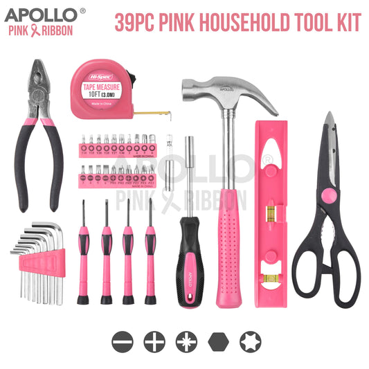 Apollo Pink Women's Tool Kit Small, 39-piece tool set for the household, tool kit set with tools in pink, including hammer and screwdriver set - Ideal gift for women.