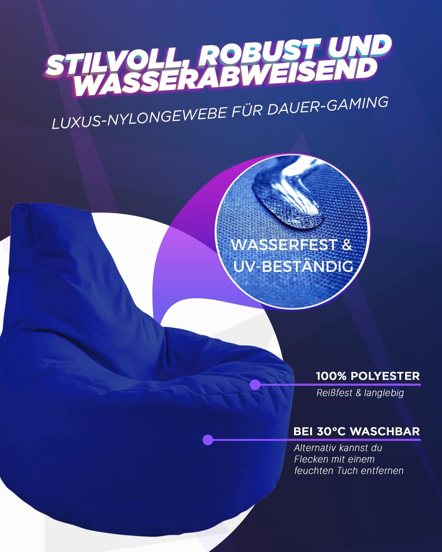 PATCH HOME Gamer Chair Beanbag in 2 sizes and 25 XXL - 80cm diameter, 30cm seat height, 90cm height Blue