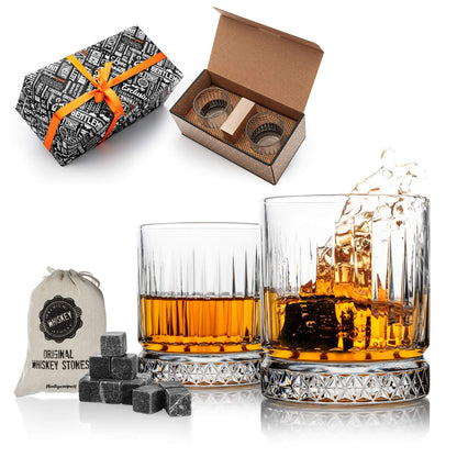 Whiskey stones and glasses gift set, 2 whisky glasses, whisky gift set for men, whiskey glass set as a 40th birthday gift for him.