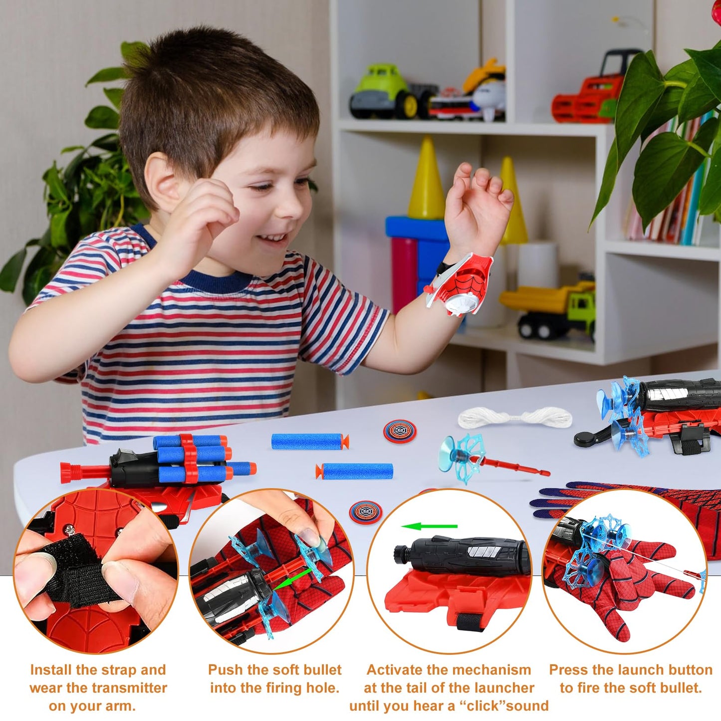 3-pc Spiderman Launcher Glove Set, Spiderman Hero Gloves, Kids Spiderman Hero Gloves with Suction Cup Darts and Frisbee, Super Spiderman Launcher Gloves, Spiderman Web Shooter, Gift for Kids