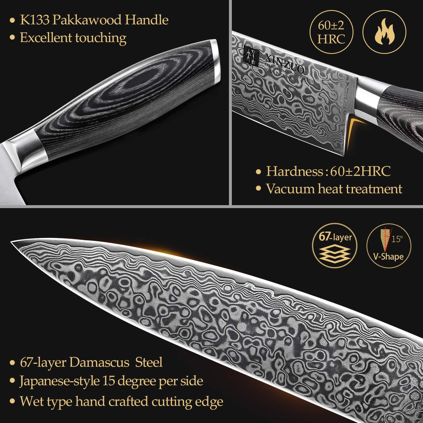 XINZUO 5 Piece Kitchen Knife Set 67 Layers Damascus Steel Chef Knife Set, Professional Forged Damascus Knife Set Sharp Blade Cooking Knife Set - Chef Santoku Slicing Utility Fruit Knife - PakkaWood Handle