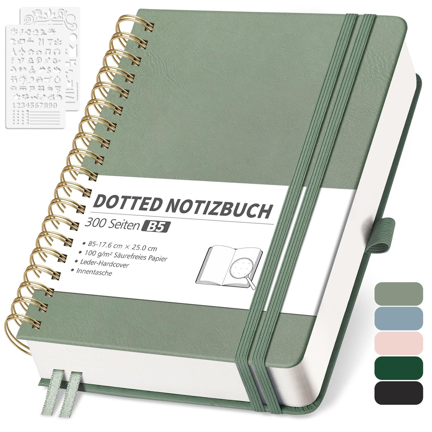 RETTACY B5 Dotted Notebook, Bullet Dot Journal with 100gsm Thick Paper, 150 Sheets, for Office and School, Leather Cover, Light Green, 17.6cm x 25cm