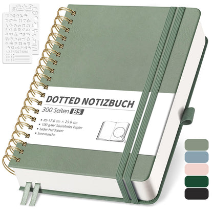 RETTACY B5 Dotted Notebook, Bullet Dot Journal with 100gsm Thick Paper, 150 Sheets, for Office and School, Leather Cover, Light Green, 17.6cm x 25cm