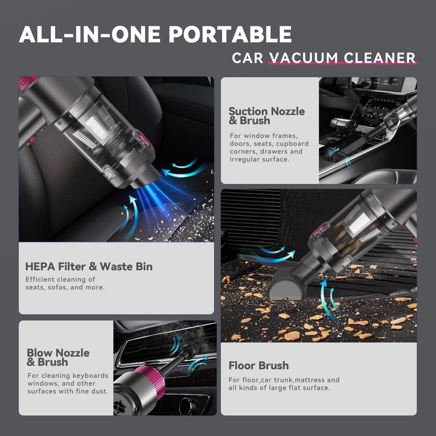 Sporvet handheld vacuum, 12000Pa cordless vacuum, 120W high power wet and dry handheld car vacuum cleaner with LED light and multi-nozzles for car, home, kitchen.