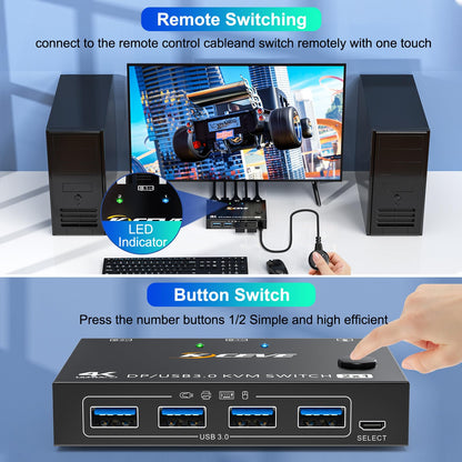 USB3.0 KVM Switch Displayport 2 Ports 4K@144Hz, ESKEVE KVM Switch 2 PC 1 Monitor 8K@30Hz for sharing 1 monitor and 4 USB3.0 devices between 2 PCs. Includes USB cable and desktop controller.