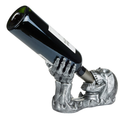 BRUBAKER wine bottle holder skull - bottle holder drinking skull with skeleton hand silver - bottle stand decor figure hand-painted wine accessory - funny decoration - wine gift