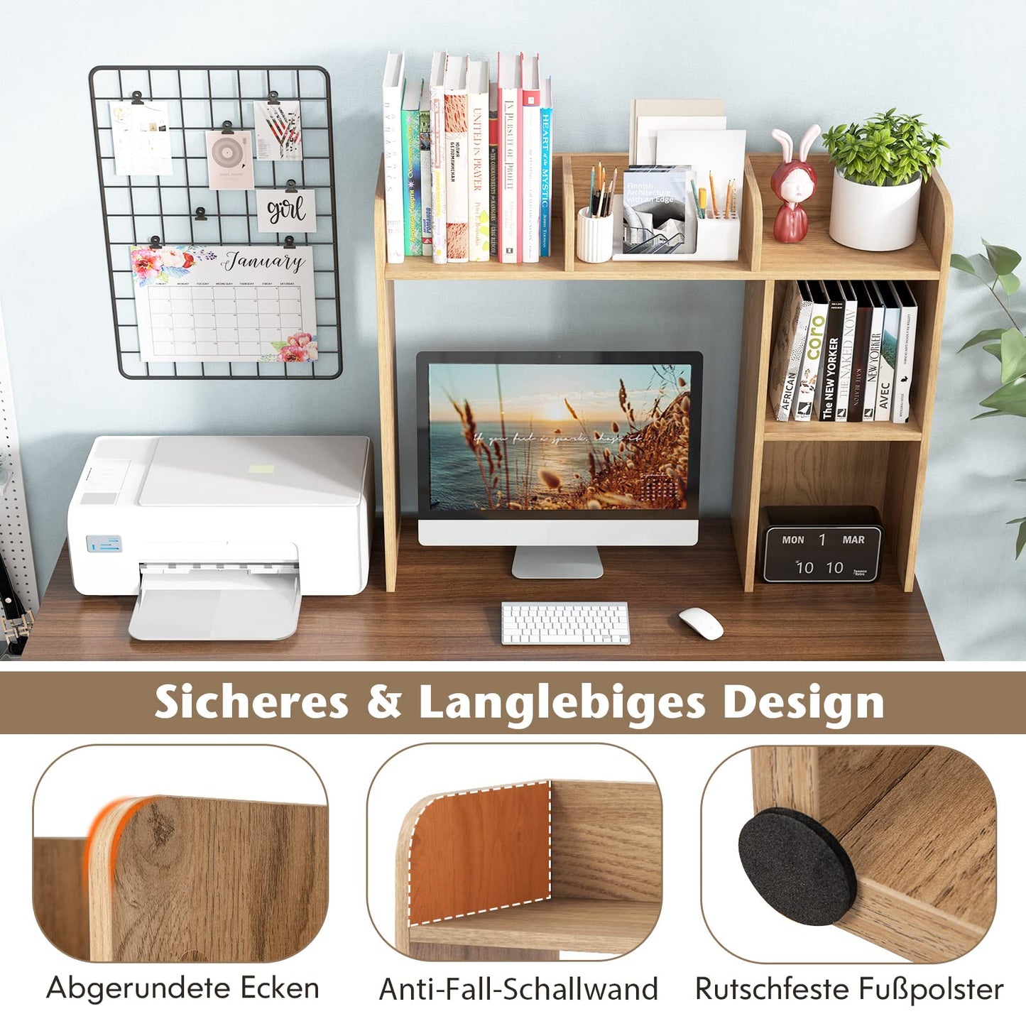 COSTWAY Desk Shelf, Table Shelf with 4 shelves and open compartment, storage system, multipurpose desk organizer, 94 x 25 x 74 cm (Natural)