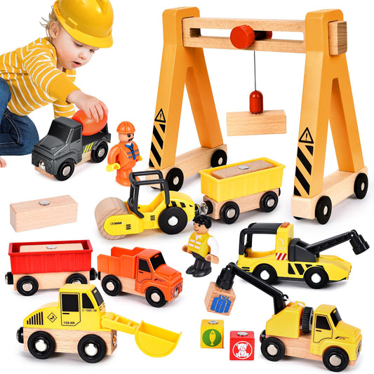 BuzzoXerex Construction Vehicles Children's Wooden Toy, Construction Vehicles Magnetic with Portal Crane, Excavator, Crane Truck, Dump Truck - Gift for 3+ Years