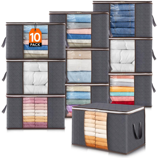Lifewit 10 Pack Storage Bags, Storage Box with Lid, Closet Organizer Foldable Clothes Storage Moving Boxes with Reinforced Handle for Comforters Clothes Blanket, Gray