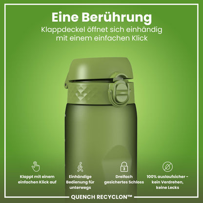 ion8 1 liter water bottle, 1000ml, leak proof, one-handed opening, secure locking, dishwasher safe, BPA-free, carrying handle, easy to clean, perfect for sports and gym, khaki green
