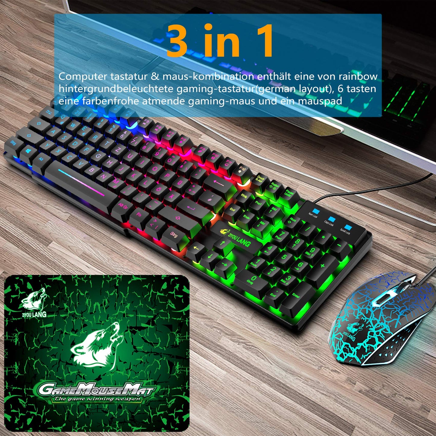 Gaming Keyboard and Mouse Set, QWERTZ German Layout Rainbow LED Backlight Ergonomic Keyboard 6 Buttons 2400 DPI Mouse and Mousepad, USB Wired, Compatible with PS4 Xbox, Black
