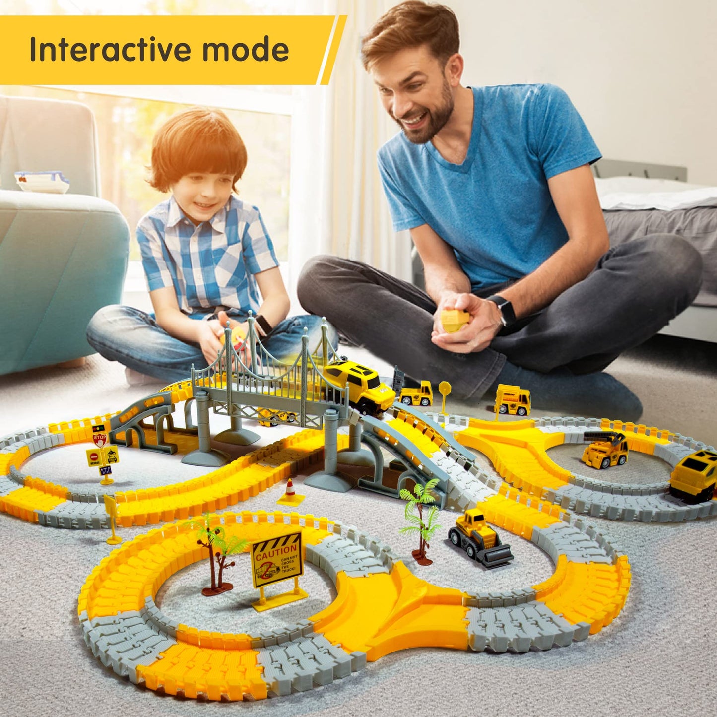 TOMMYHOME tracks toy with electric car, flexible train tracks for kids, highway play set for boys girls gift, 2 race cars and 6 construction vehicles.