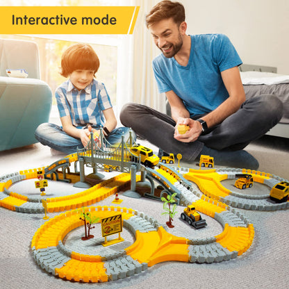 TOMMYHOME tracks toy with electric car, flexible train tracks for kids, highway play set for boys girls gift, 2 race cars and 6 construction vehicles.