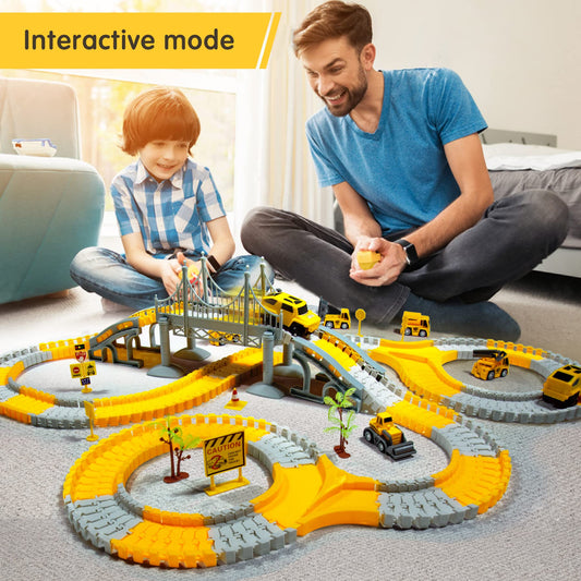 TOMMYHOME tracks toy with electric car, flexible train tracks for kids, highway play set for boys girls gift, 2 race cars and 6 construction vehicles.