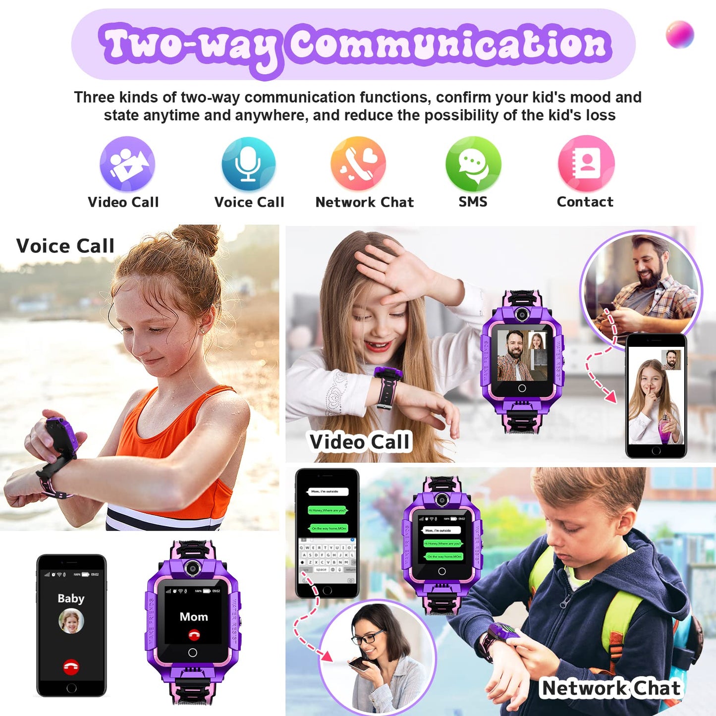 Children's GPS tracker smartwatch for boys and girls, 4G video & phone call with 360° rotation, kids GPS watch for 4-12 years old, Christmas & birthday gifts (T10 Purple)