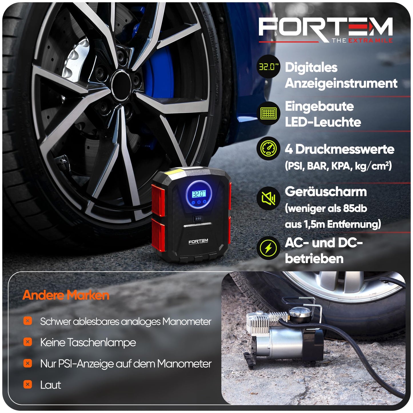 FORTEM Portable Compressor for Car Tires, 230V Adapter, 12V Car Tire Pump, and electric bike pump with LED light - Digital Tire Pressure Gauge Automatic Pump/Shut Off.