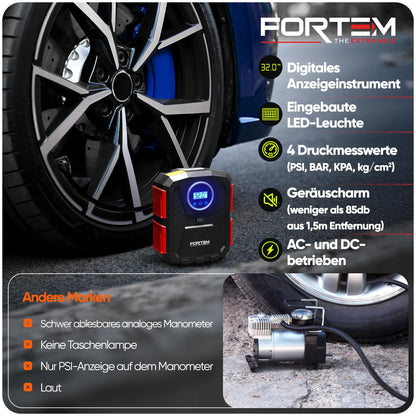 FORTEM Portable Compressor for Car Tires, 230V Adapter, 12V Car Tire Pump, and electric bike pump with LED light - Digital Tire Pressure Gauge Automatic Pump/Shut Off.