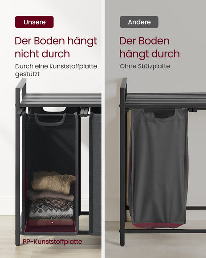 VASAGLE laundry basket with 3 compartments, laundry collector with shelf, laundry box, removable laundry bag made of Oxford fabric, metal frame, 3 x 40 L, 92.5 x 33 x 72 cm, slate gray-anthracite gray BLH301G01