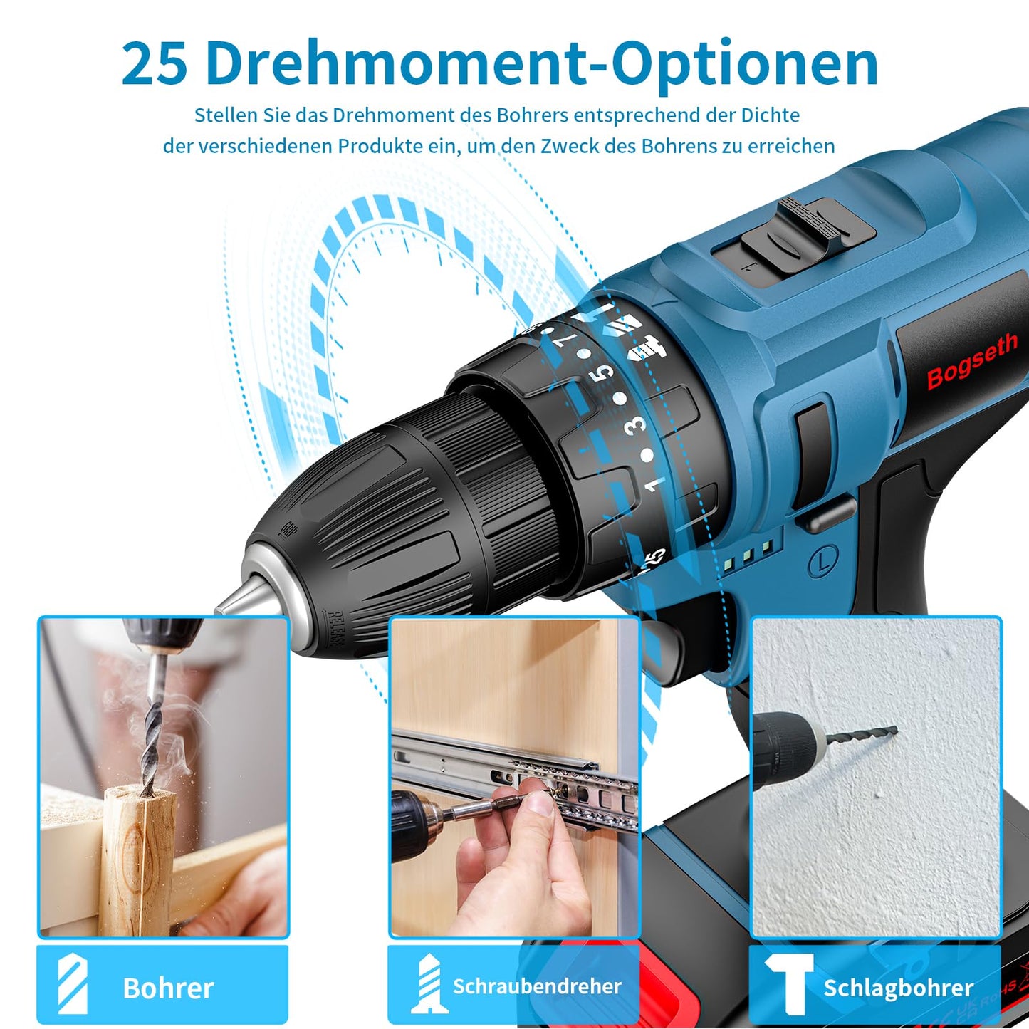 Bogseth 21V cordless drill set, with 112PCS tool kit, 45 N.m max torque, 2 x 2000mAh batteries, 2-speed, 25+3 torque settings, LED light, for home and garden DIY projects.