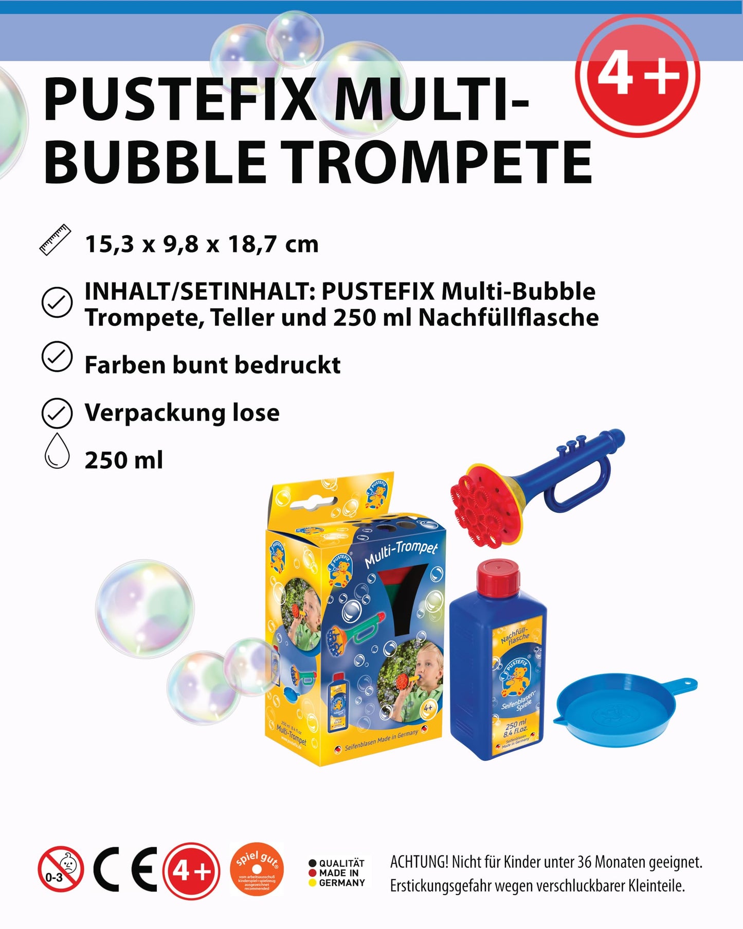 PUSTEFIX Multi-Bubble Trumpet + 2.5L Refill Canister of Bubble Solution I Colorful Bubbles Made in Germany I Bubble Toy for Kids' Birthdays, Weddings I Fun for Kids & Adults