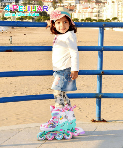 Unicorn inline skates for girls. Adjustable sizes with all glowing rainbow wheels. Perfect gift for beginner teenagers for Christmas and birthdays.