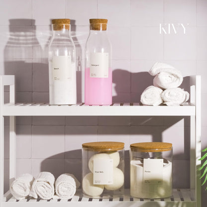 KIVY glass detergent dispenser 4-pack with labels - fabric softener storage laundry detergent storage liquid - liquid detergent dispenser - container for powdered detergent storage box organizer