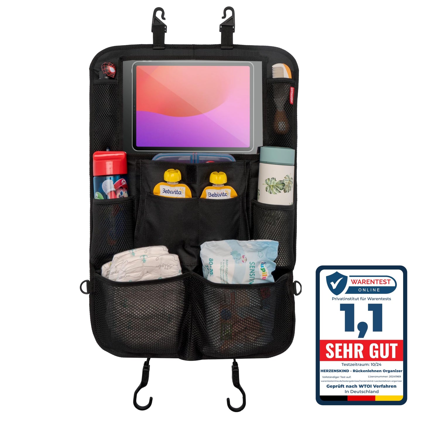 Heart child backrest protector and organizer. Car organizer with extra large 13" tablet compartment and 9 pockets. Seat protector with tablet holder for car rides with children. (1 piece)