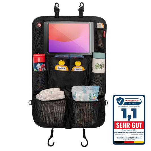Heart child backrest protector and organizer. Car organizer with extra large 13" tablet compartment and 9 pockets. Seat protector with tablet holder for car rides with children. (1 piece)