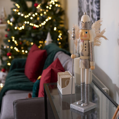 THE TWIDDLERS Large Wooden Christmas Nutcracker Figures (White & Silver), XL 50cm - Traditional Christmas Decoration