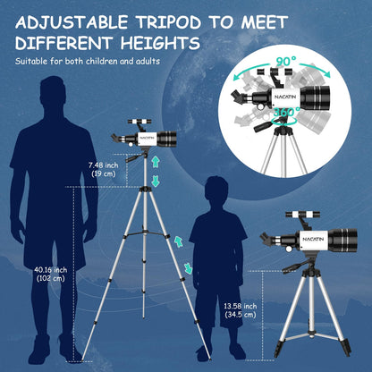 Telescope for kids, NACATIN 70mm aperture refractor telescope for kids, adults & beginners, adjustable tripod, with smartphone adapter and wireless remote control.